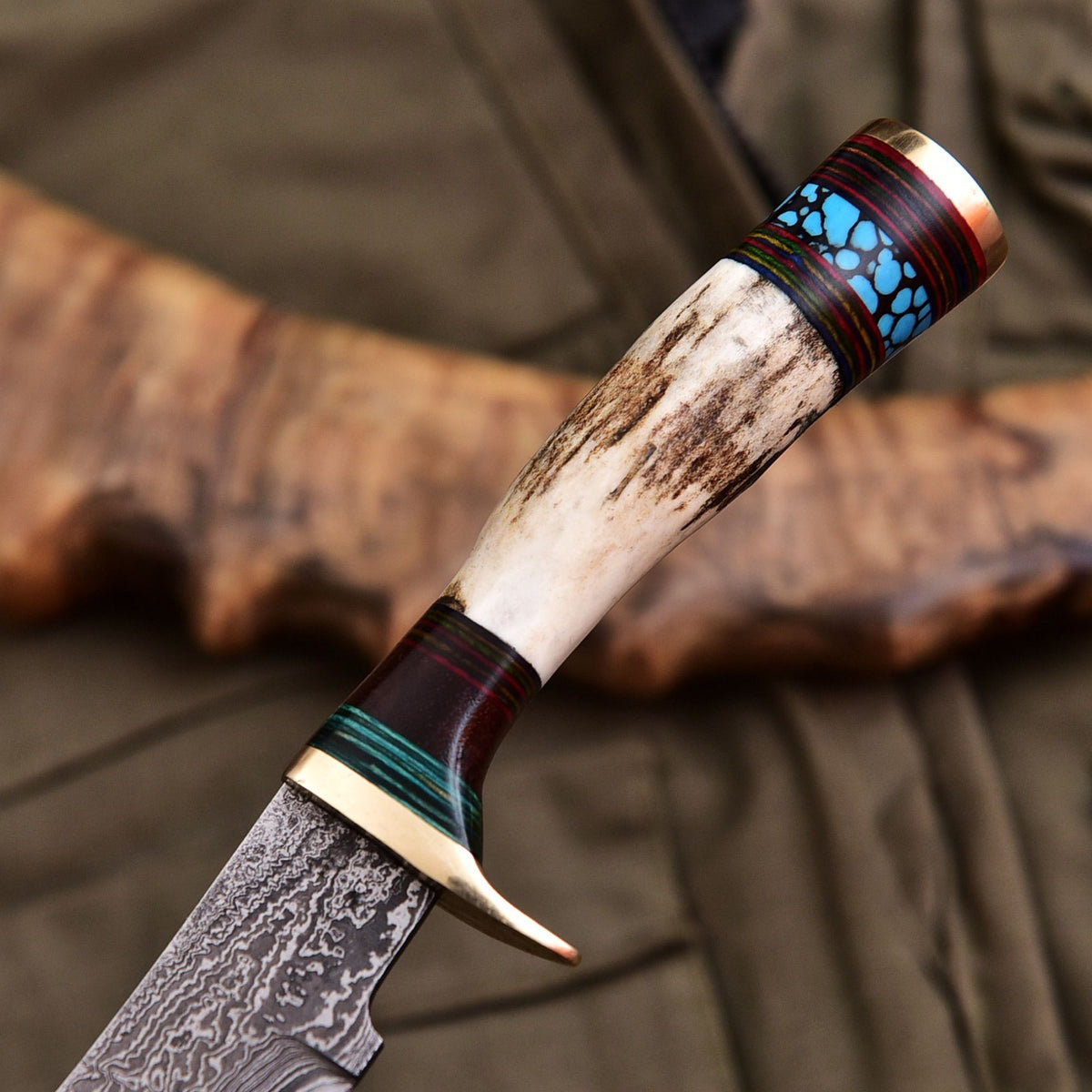 Forged Damascus Blade Skinning Knife Stag Antler Handle Brass Guard With Sheath - Image 3