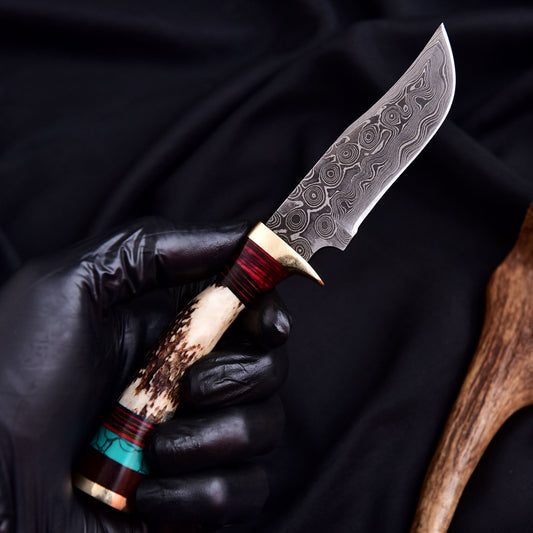 Vintage Damascus Blade Skinner Knife Stag Antler Handle Tactical Outdoor Hunting - Image 2