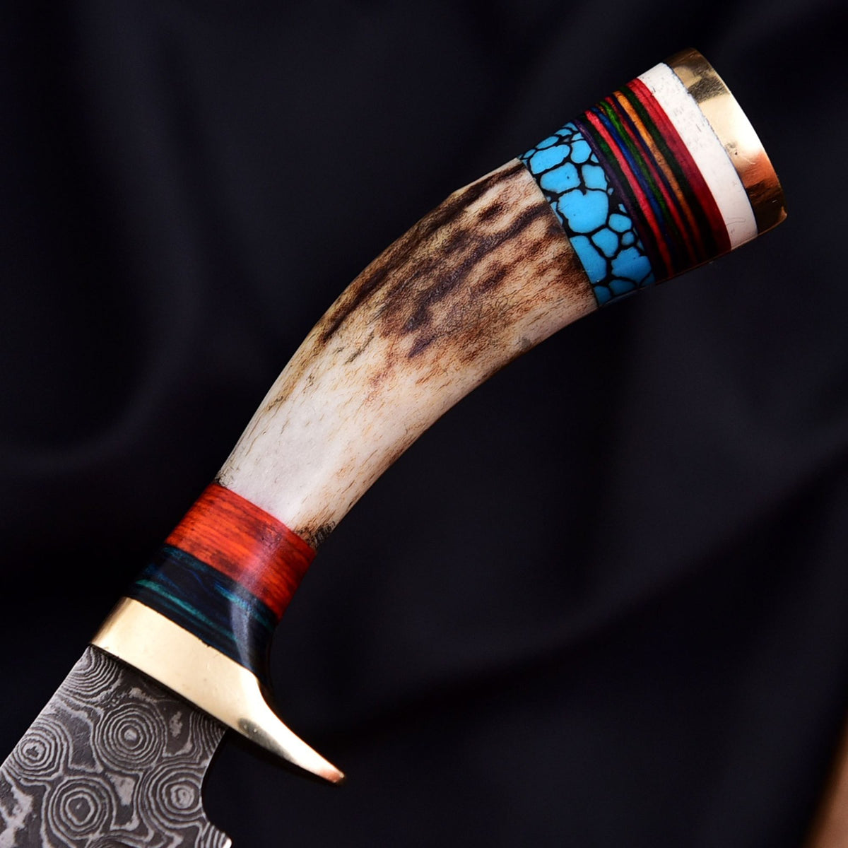 Forged Damascus Blade Skinning Knife Stag Antler Handle Tactical Survival Hunt - Image 3