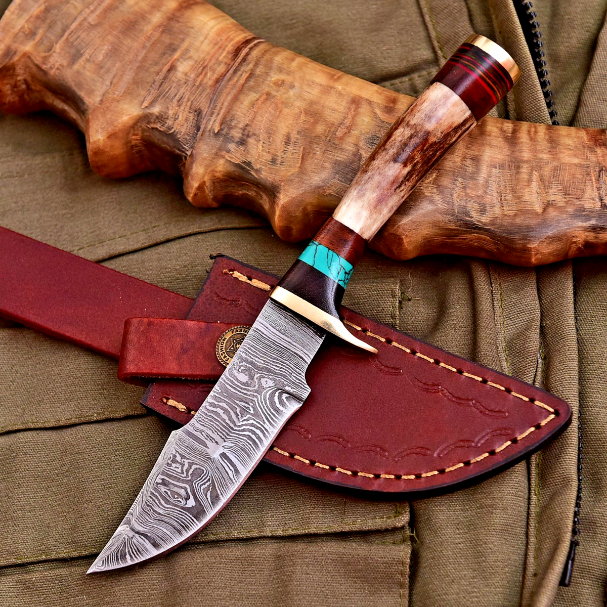 Forged Damascus Blade Skinning Knife Stag Antler Handle Brass Guard With Sheath - Image 1