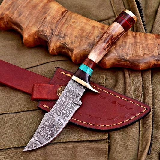 Forged Damascus Blade Skinning Knife Stag Antler Handle Brass Guard With Sheath - Image 1