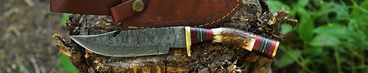 Handmade Damascus Fixed Gut-hook Blade Hunting Skinning Knife Stag Antler Handle - Image 4