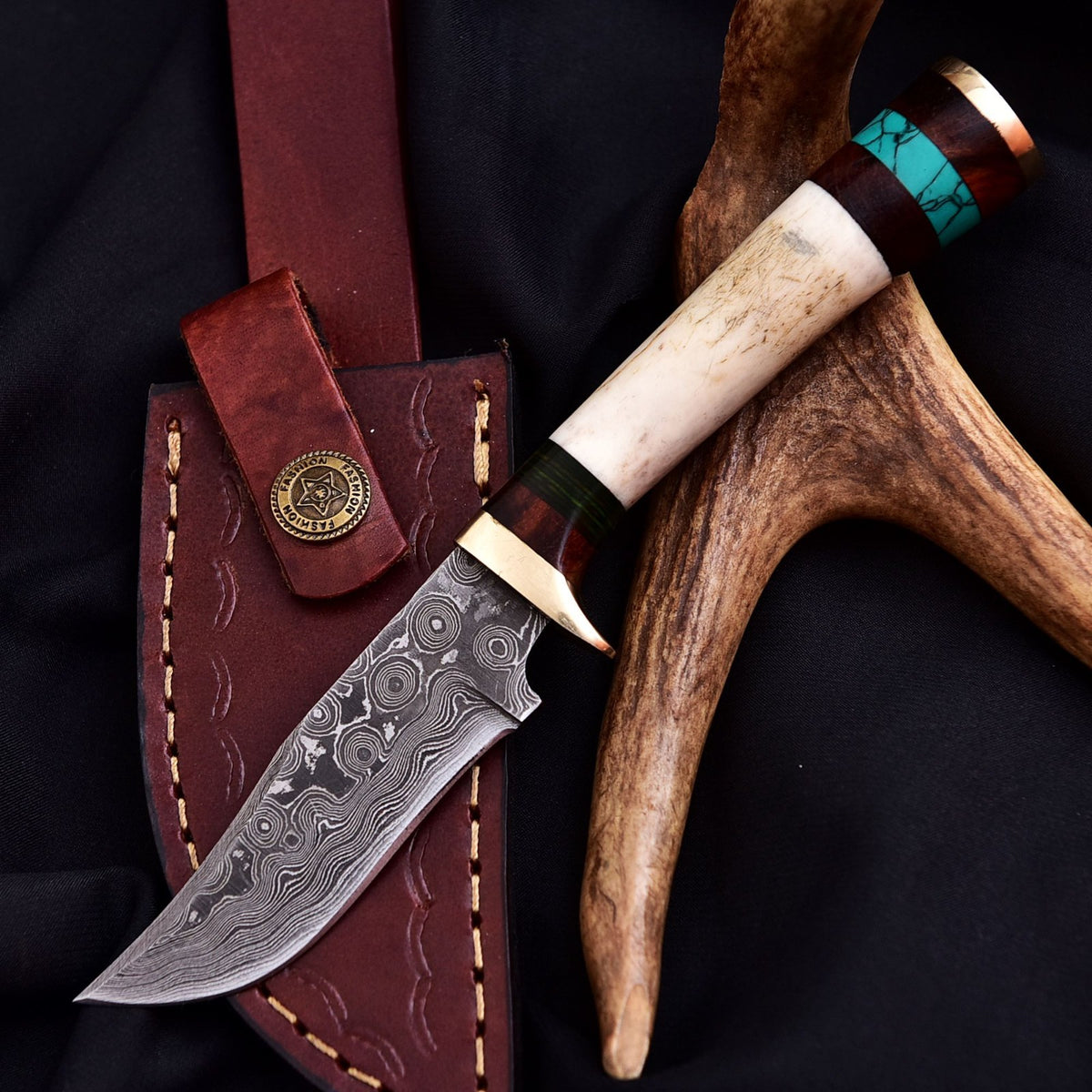 Forged Damascus Blade Skinning Knife Stag Antler Handle Tactical Survival Hunter - Image 2