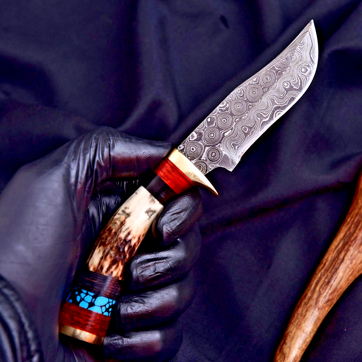 Vintage Damascus Blade Skinner Knife Stag Antler Handle Tactical Outdoor Hunting - Image 1