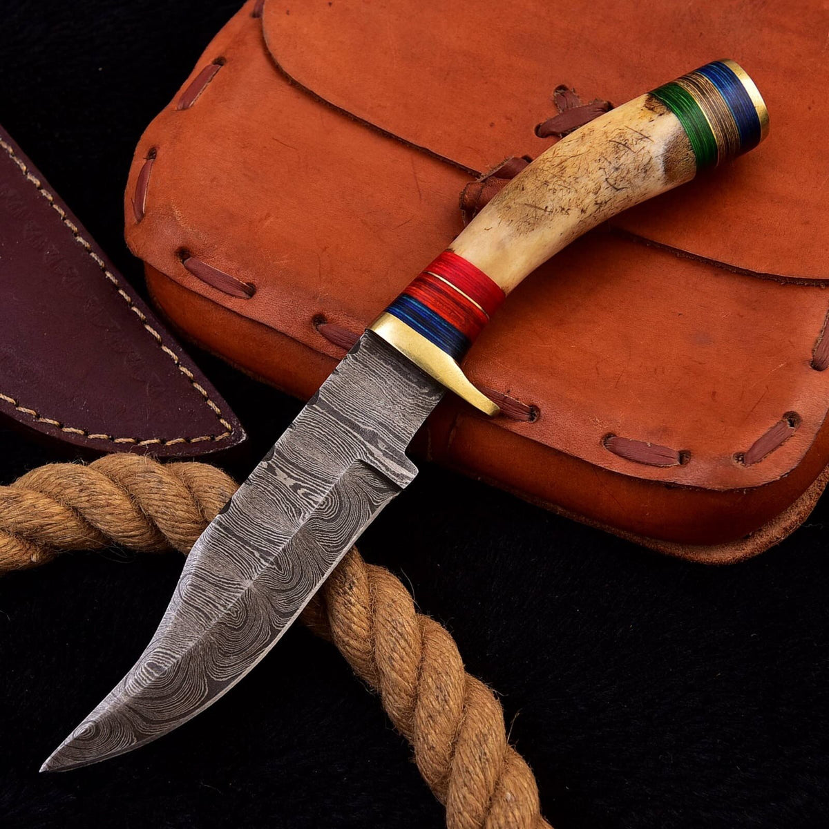 Handmade Damascus Stag Handle Forged Bowie Knife Hunting Knife Skinning Edc 10" - Image 1