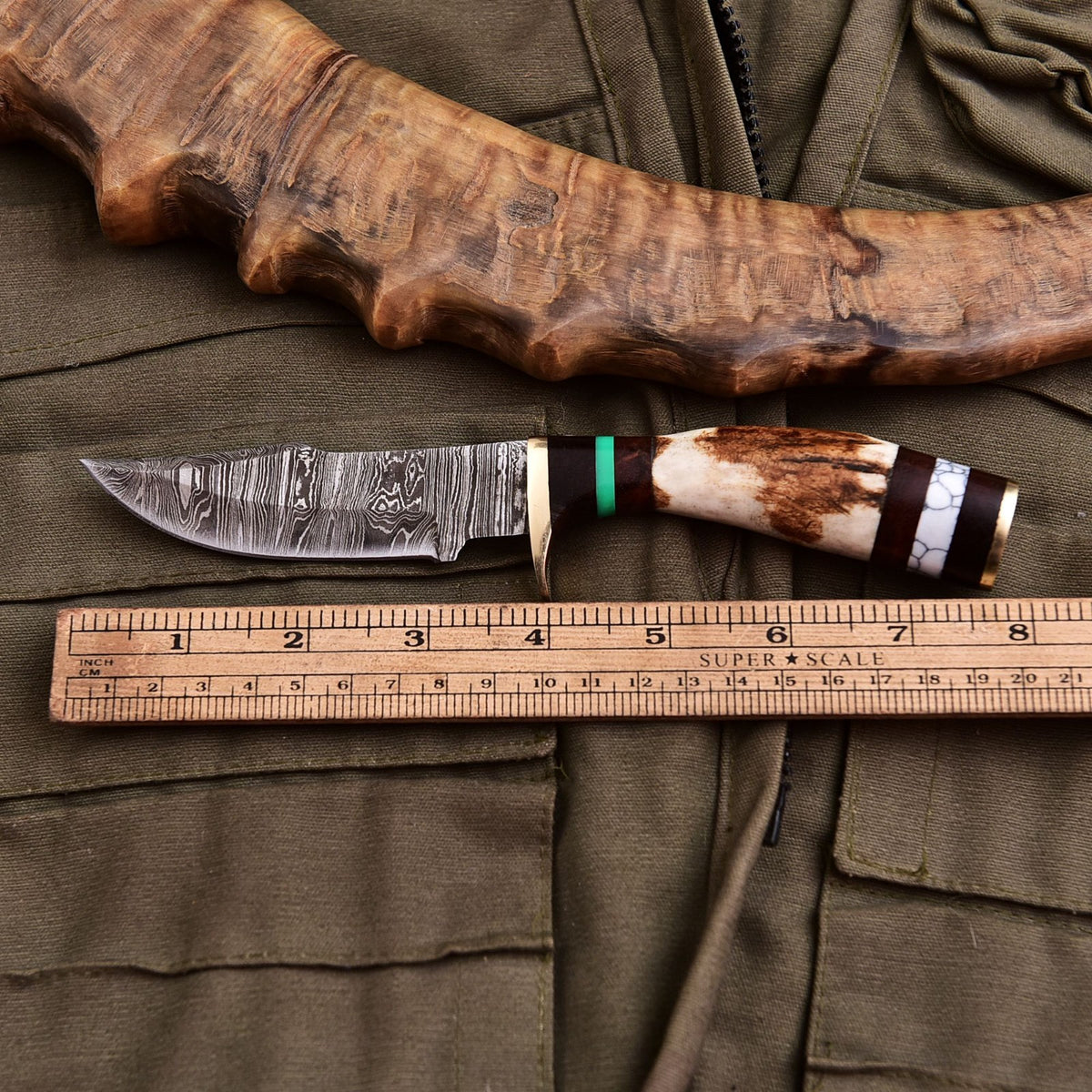 Forged Damascus Blade Skinning Knife Stag Antler Handle Brass Guard With Sheath - Image 4