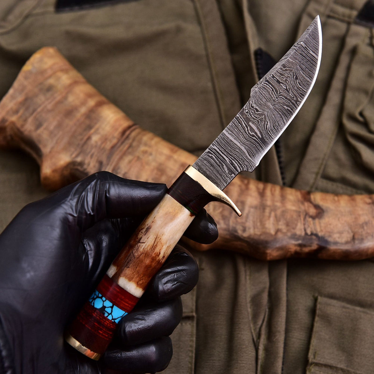 Forged Damascus Blade Skinning Knife Stag Antler Handle Brass Guard With Sheath - Image 2