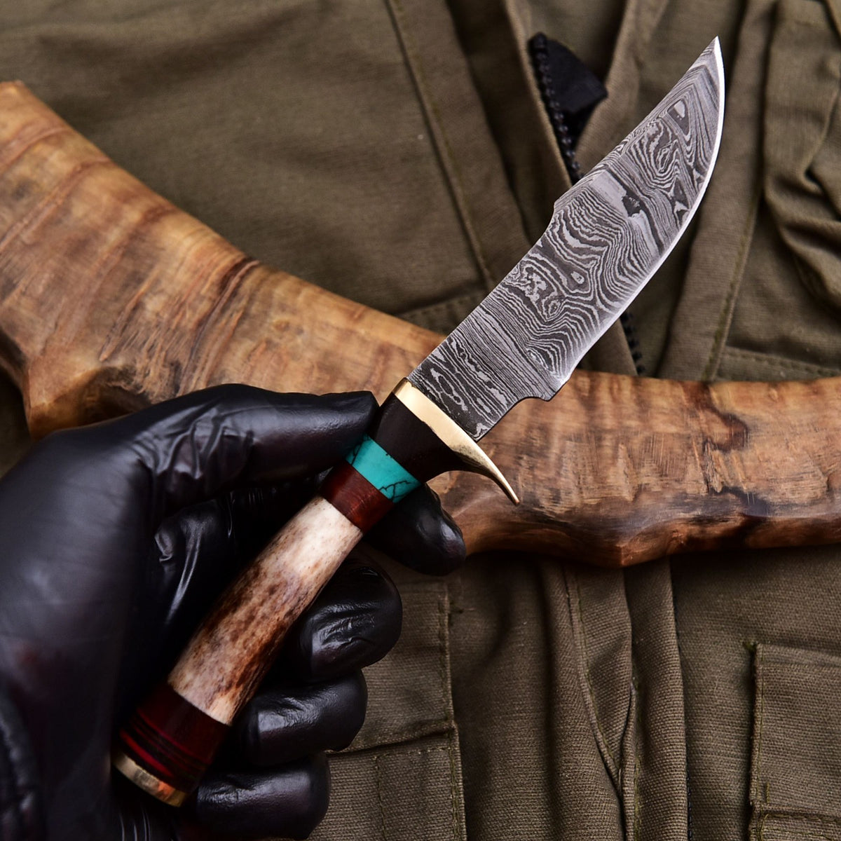 Forged Damascus Blade Skinning Knife Stag Antler Handle Brass Guard With Sheath - Image 2