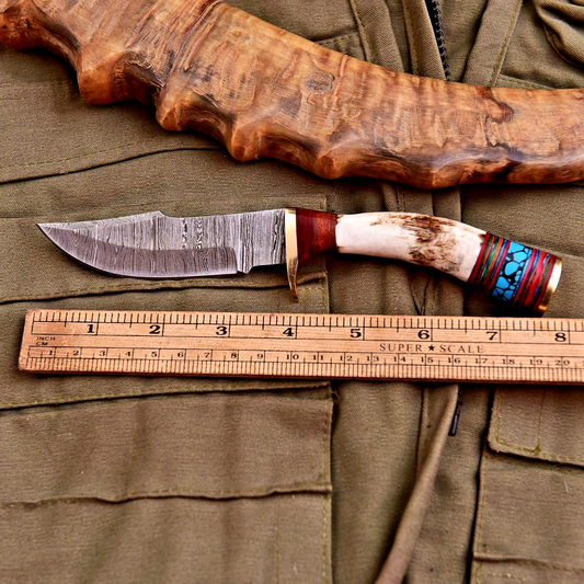 Forged Damascus Blade Skinning Knife Stag Antler Handle Brass Guard With Sheath - Image 1