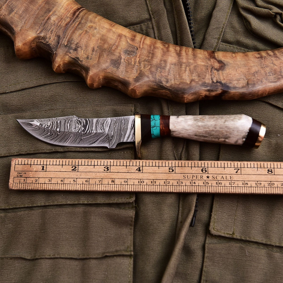 Forged Damascus Blade Skinning Knife Stag Antler Handle Brass Guard With Sheath - Image 4