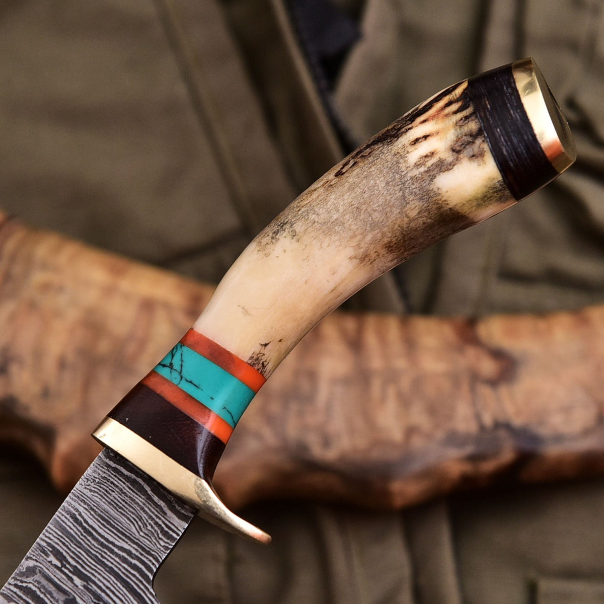 Forged Damascus Blade Skinning Knife Stag Antler Handle Brass Guard With Sheath - Image 4