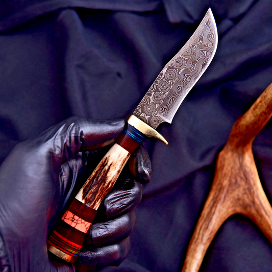 Forged Damascus Blade Skinner Knife Stag Antler Handle Tactical Survival Hunting - Image 1