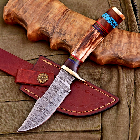 Forged Damascus Blade Skinning Knife Stag Antler Handle Brass Guard With Sheath - Image 2