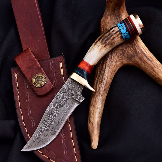 Forged Damascus Blade Skinning Knife Stag Antler Handle Tactical Survival Hunt - Image 2