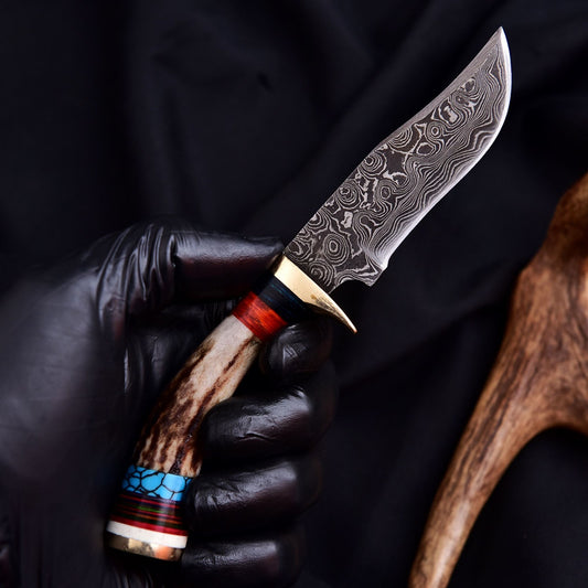 Forged Damascus Blade Skinning Knife Stag Antler Handle Tactical Survival Hunt - Image 1