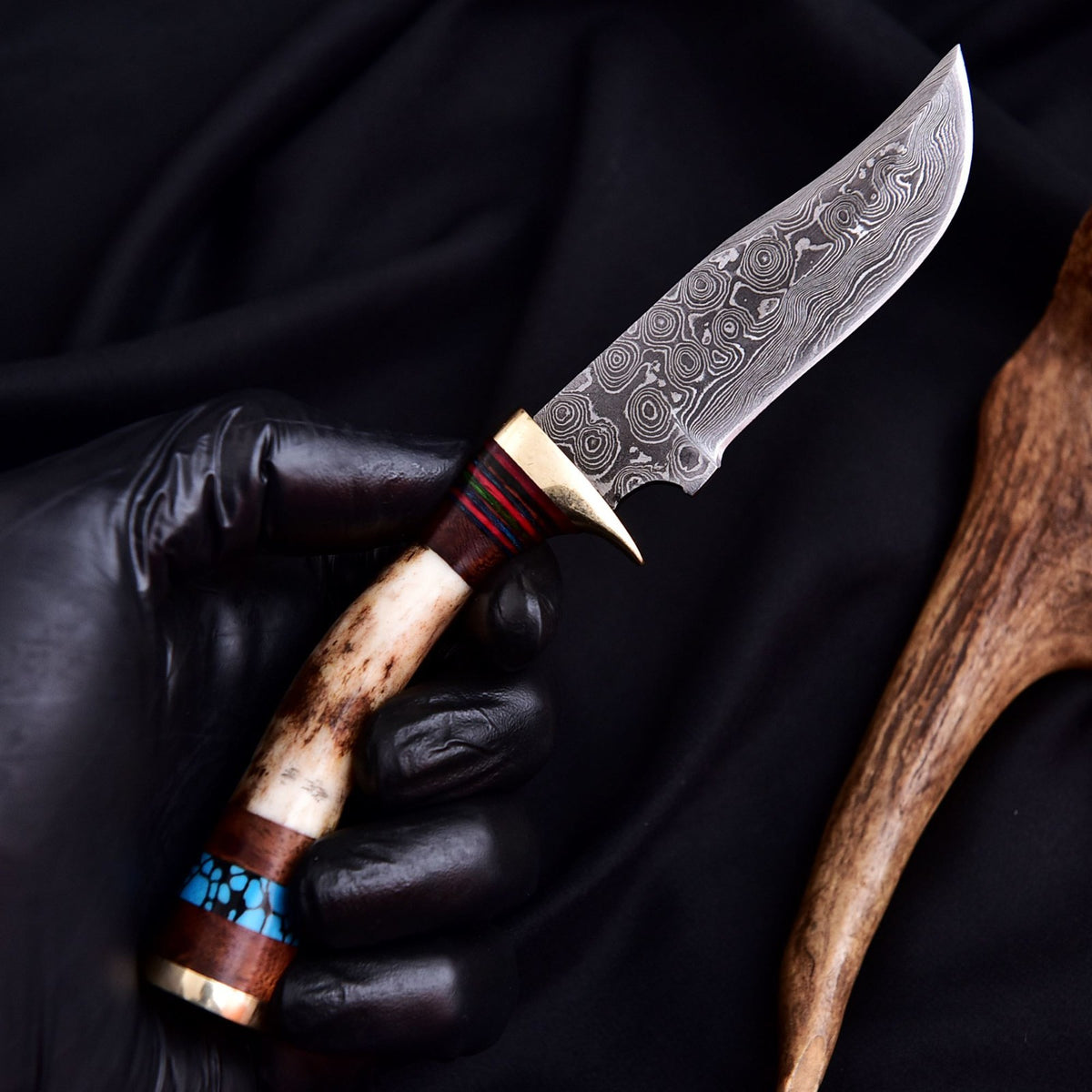 Damascus Steel Blade Skinning Knife Stag Antler Handle Tactical Outdoor Hunting - Image 2