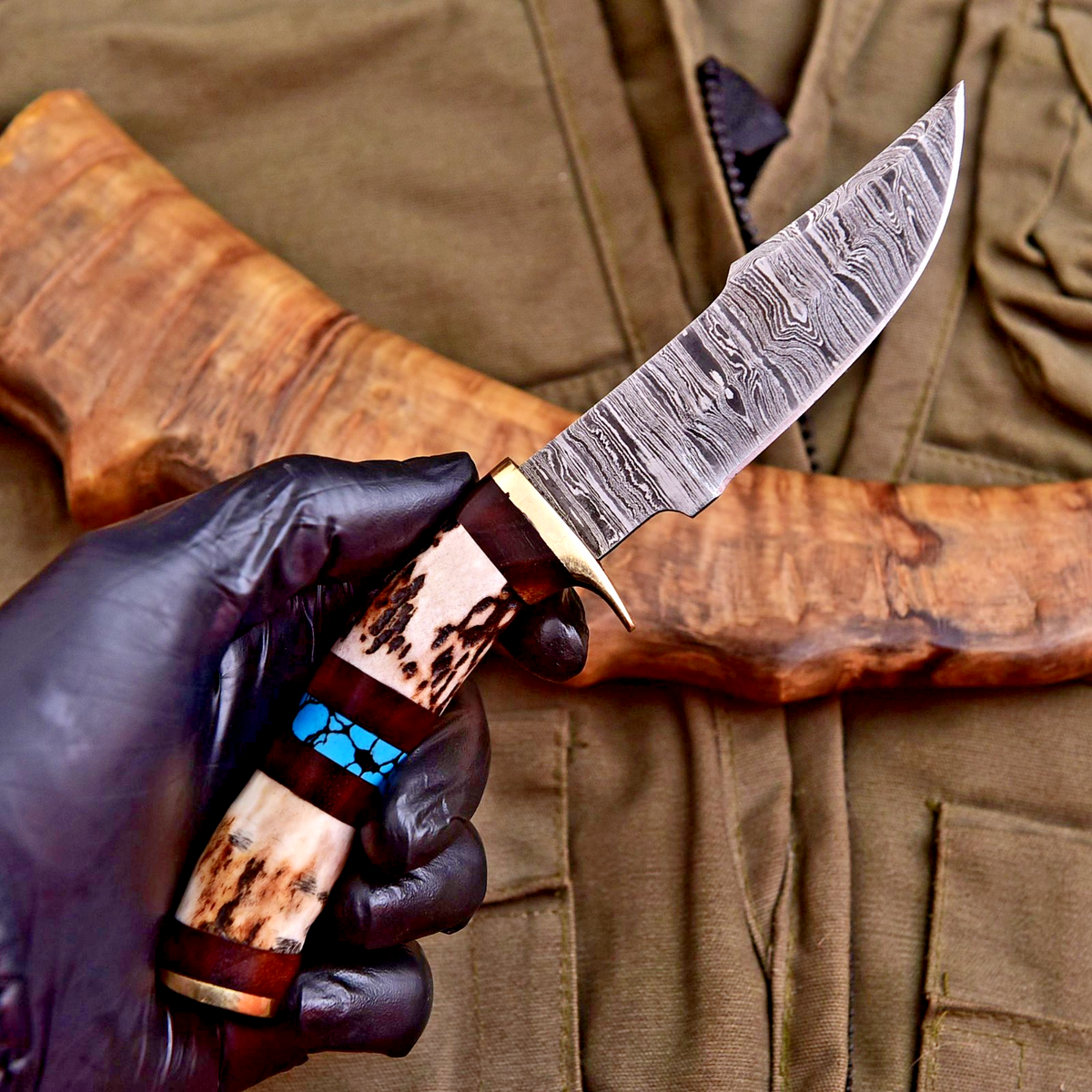 Forged Damascus Blade Skinning Knife Stag Antler Handle Brass Guard With Sheath - Image 1