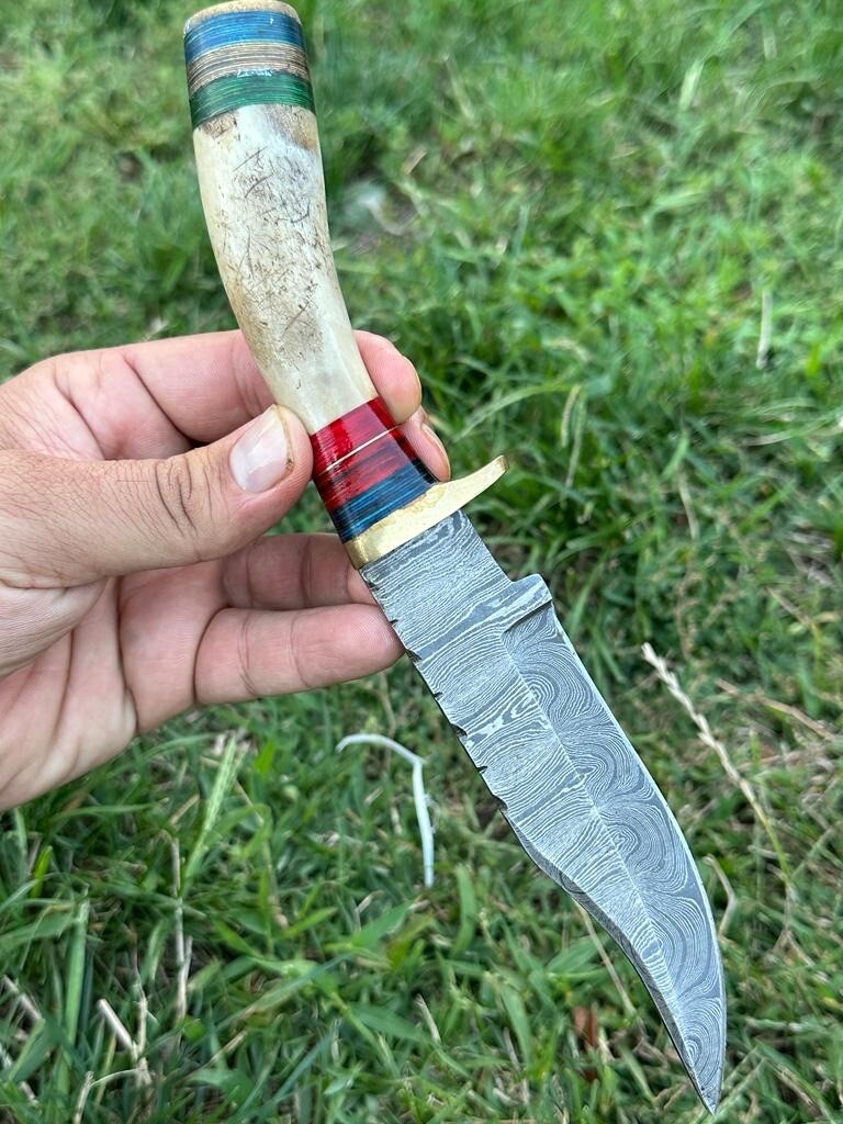 10" Custom Handmade Damascus Steel Hunting Skinning Knife Deer Stag Handle - Image 1