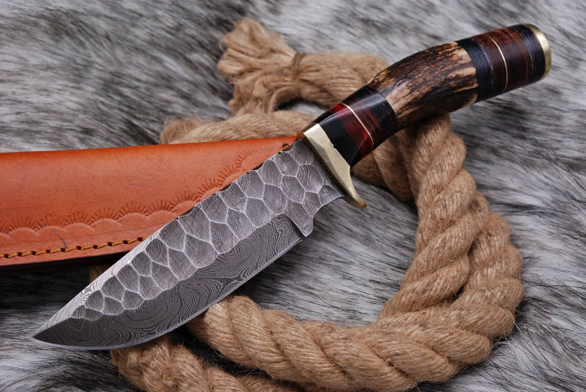 Handmade Damascus Knife Fix Blade Hunting Bowie Skinner Stag Antler Handle - Image 5