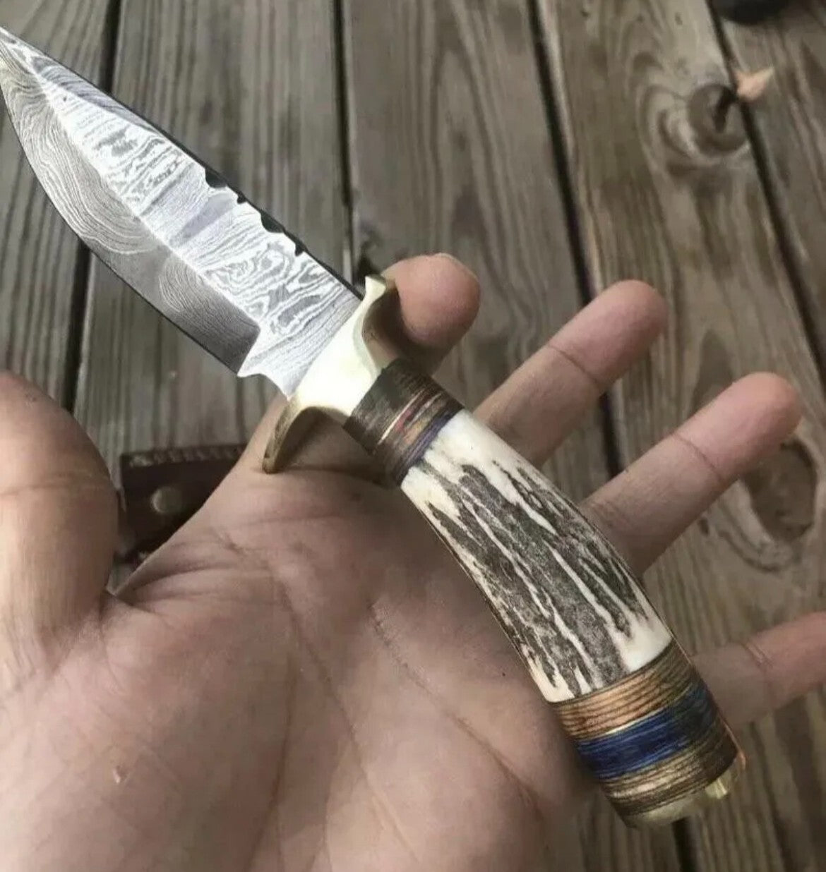 Handmade Damascus Knife Fix Blade Hunting Bowie Skinner Stag Antler Handle - Image 4