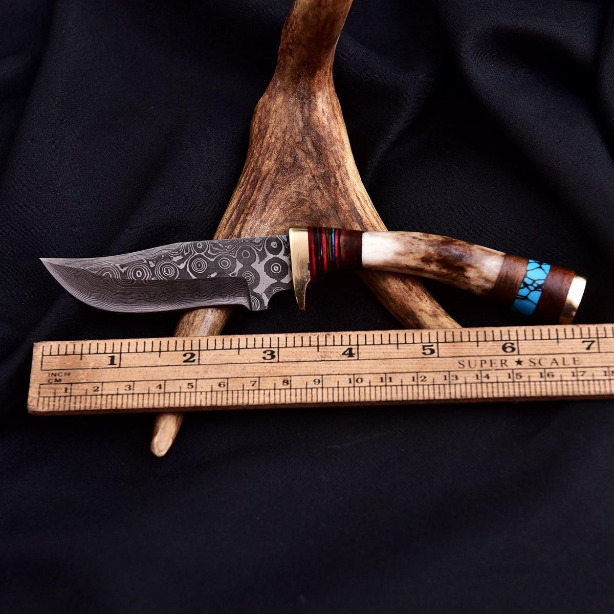 Damascus Steel Blade Skinning Knife Stag Antler Handle Tactical Outdoor Hunting - Image 4