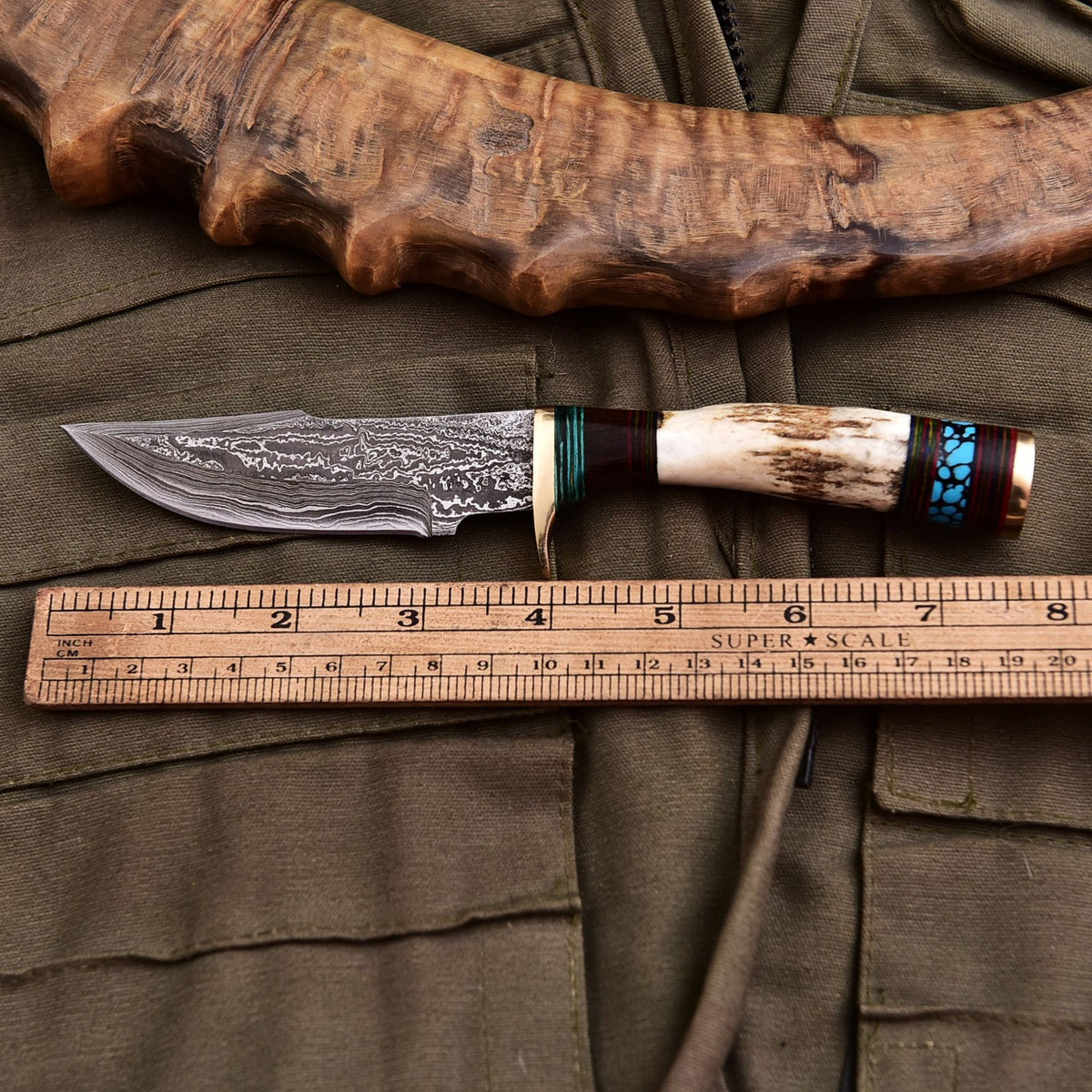 Forged Damascus Blade Skinning Knife Stag Antler Handle Brass Guard With Sheath - Image 4