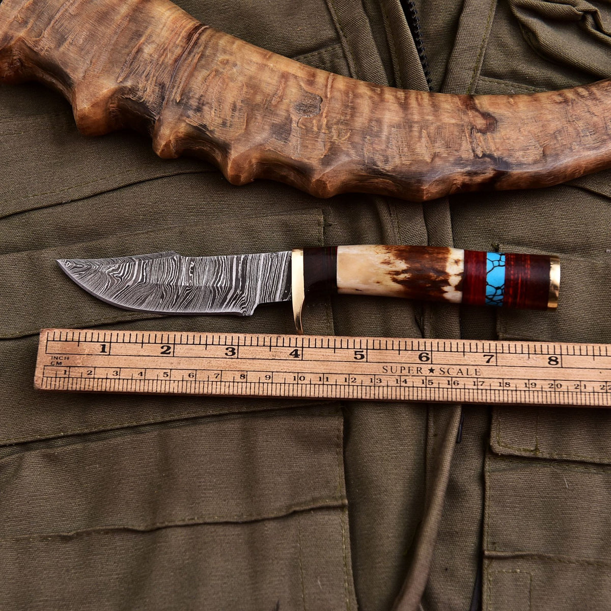 Forged Damascus Blade Skinning Knife Stag Antler Handle Brass Guard With Sheath - Image 4