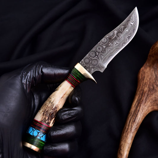 Vintage Damascus Blade Skinner Knife Stag Antler Handle Tactical Outdoor Hunting - Image 1