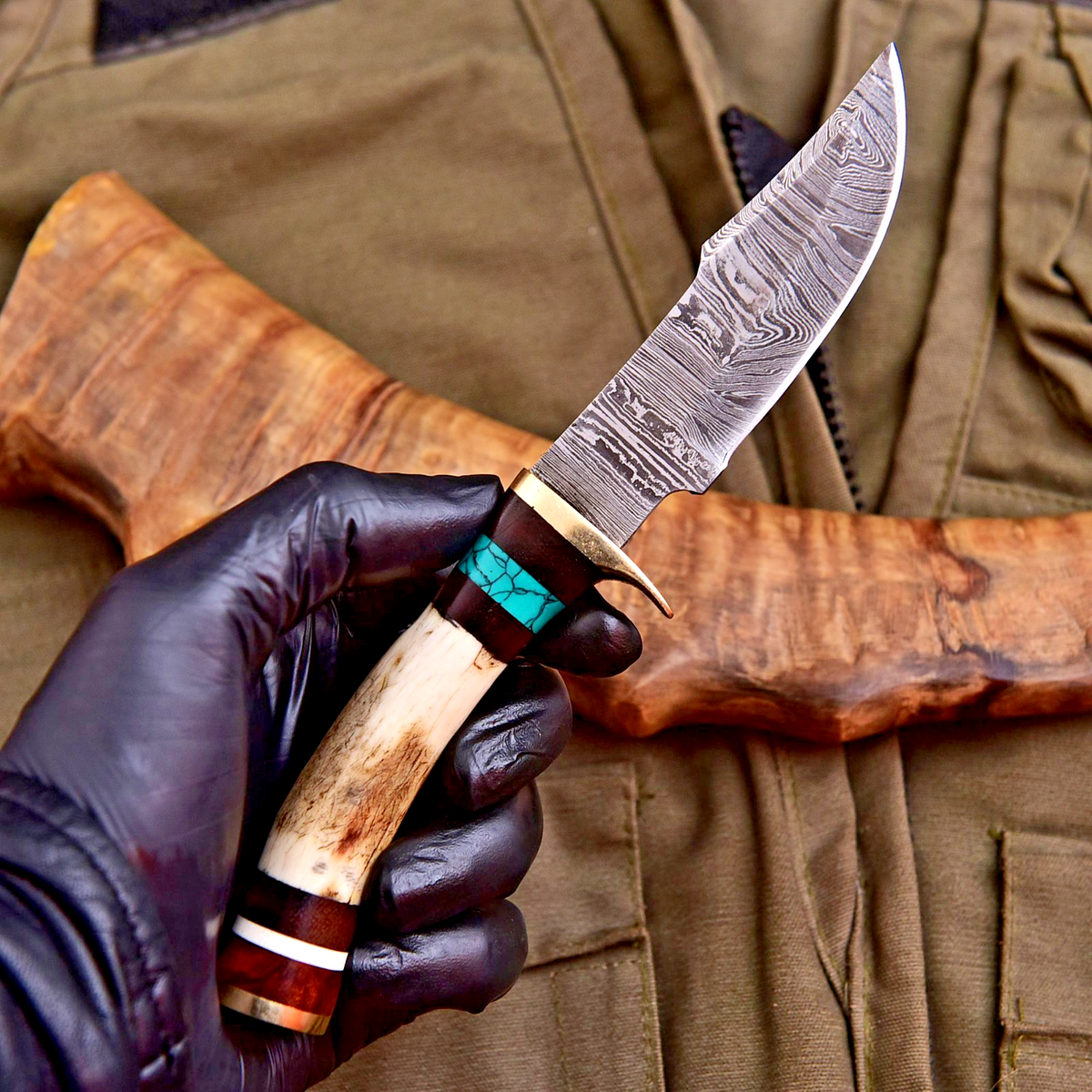 Forged Damascus Blade Skinning Knife Stag Antler Handle Brass Guard With Sheath - Image 1
