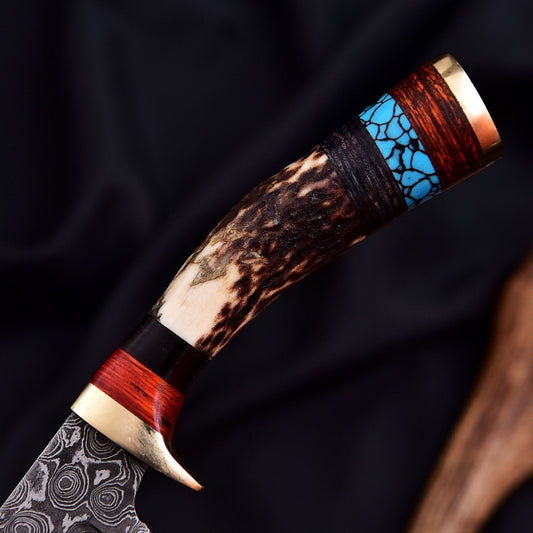 Vintage Damascus Blade Skinner Knife Stag Antler Handle Tactical Outdoor Hunting - Image 2