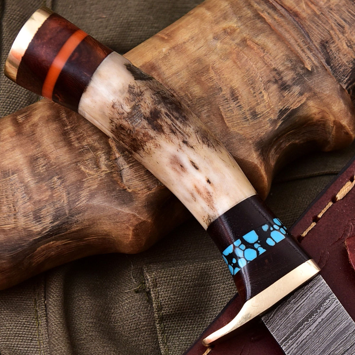 Forged Damascus Blade Skinning Knife Stag Antler Handle Brass Guard With Sheath - Image 3