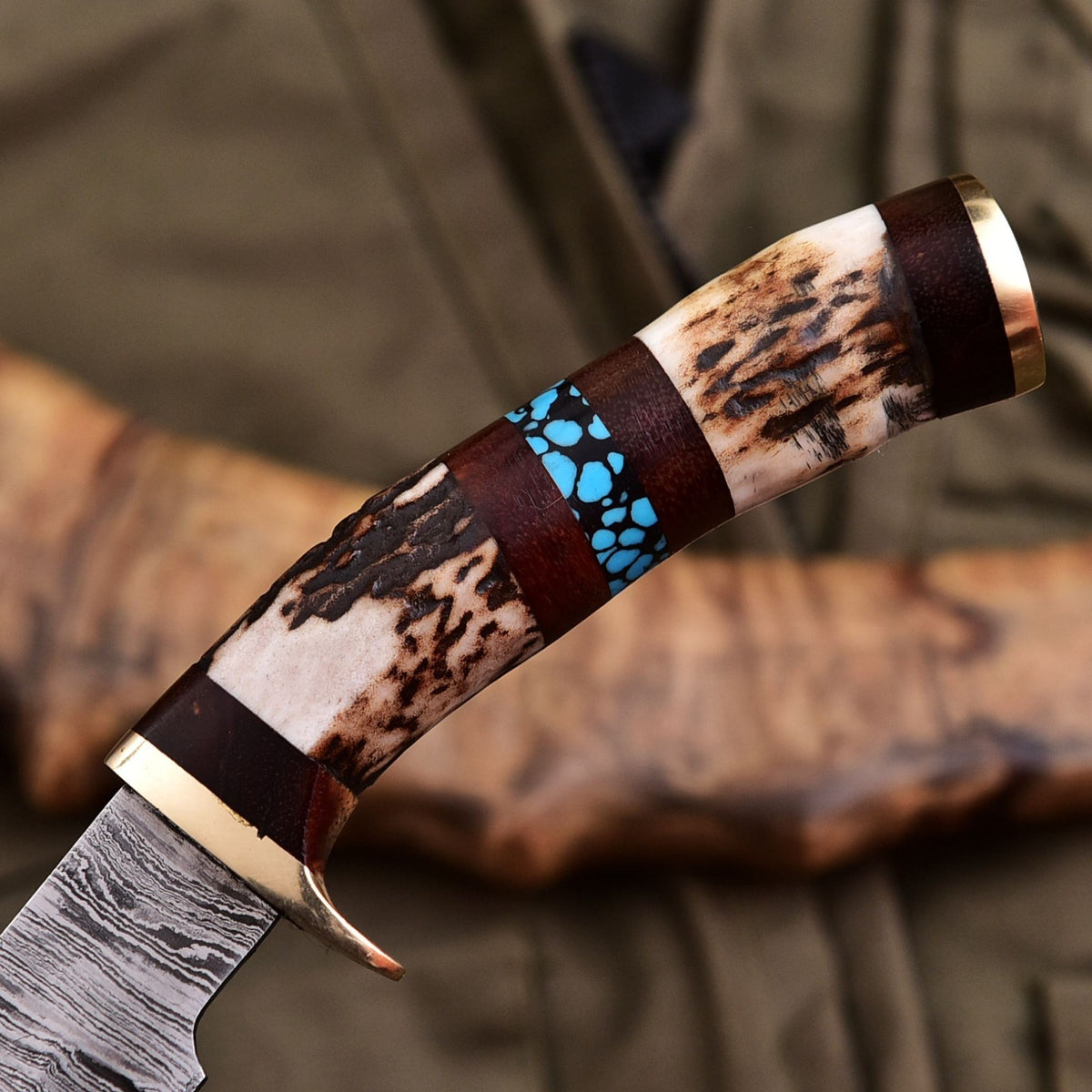 Forged Damascus Blade Skinning Knife Stag Antler Handle Brass Guard With Sheath - Image 3
