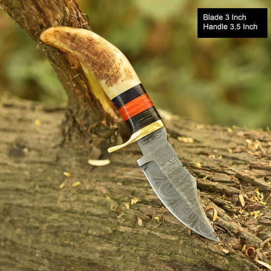 Custom Handmade Damascus Steel Blade Skinning Knife Original Ram Horn Handle - Image 2