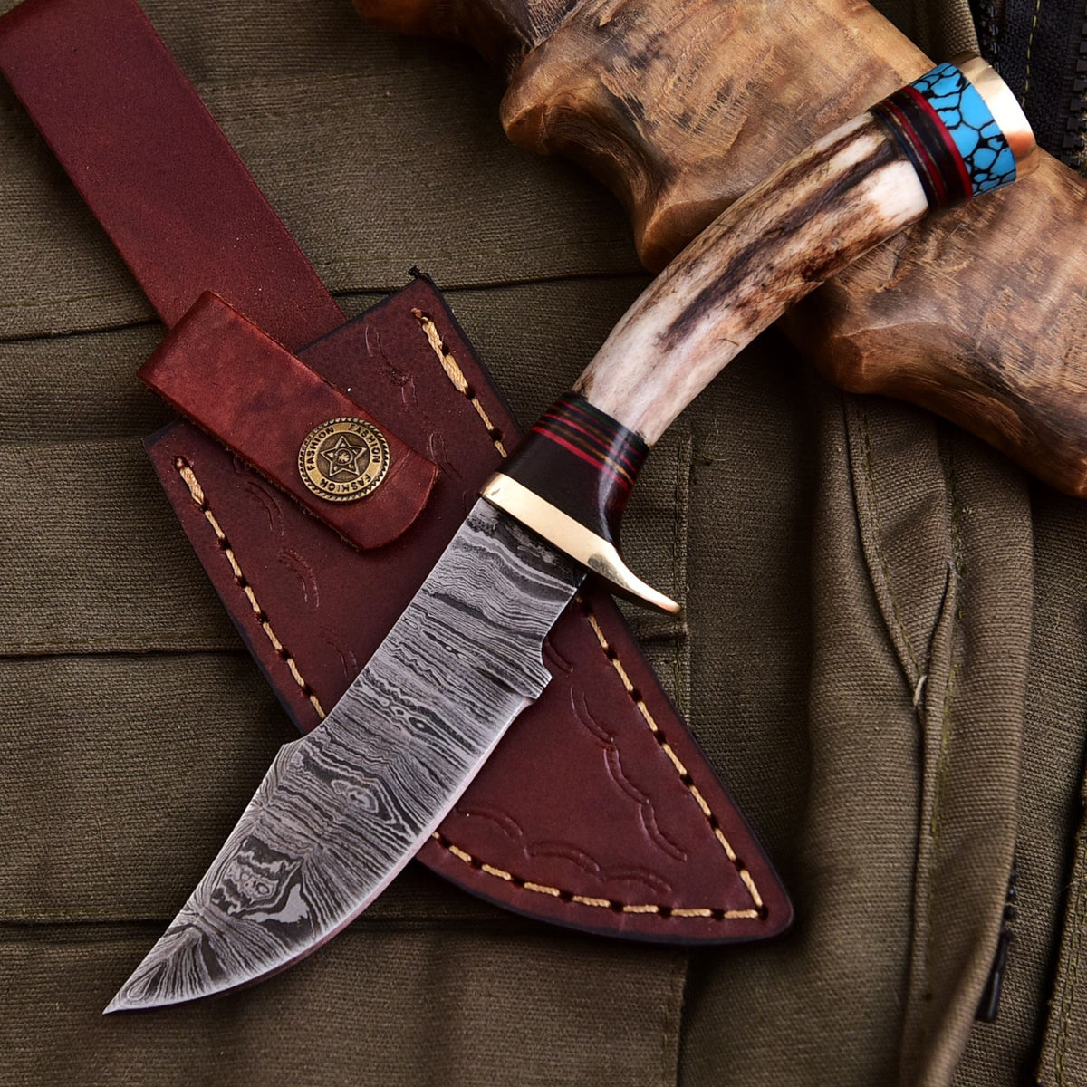 Forged Damascus Blade Skinning Knife Stag Antler Handle Tactical Survival Hunt - Image 1