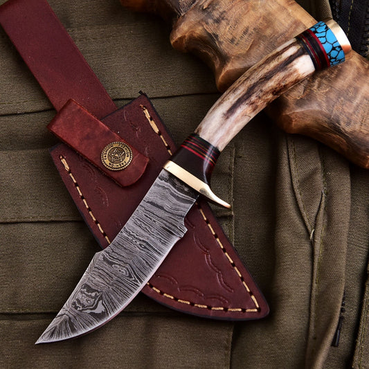 Forged Damascus Blade Skinning Knife Stag Antler Handle Tactical Survival Hunt - Image 1