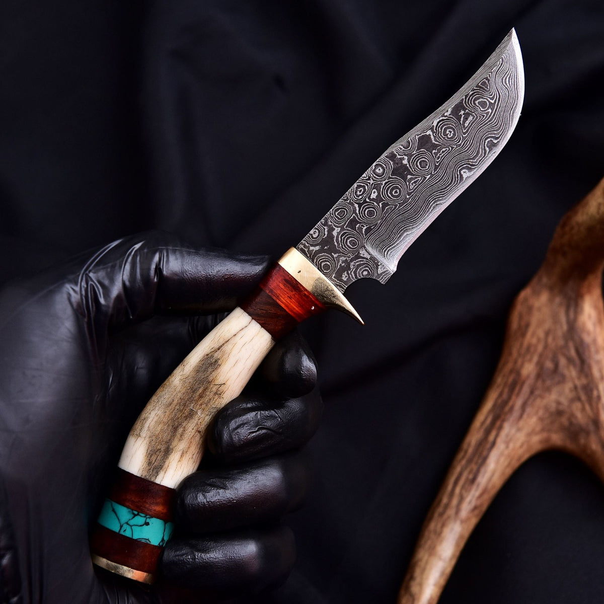 Forged Damascus Blade Skinner Knife Stag Antler Handle Tactical Survival Hunting - Image 1