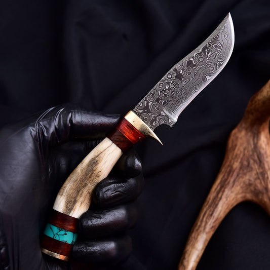 Forged Damascus Blade Skinner Knife Stag Antler Handle Tactical Survival Hunting - Image 1