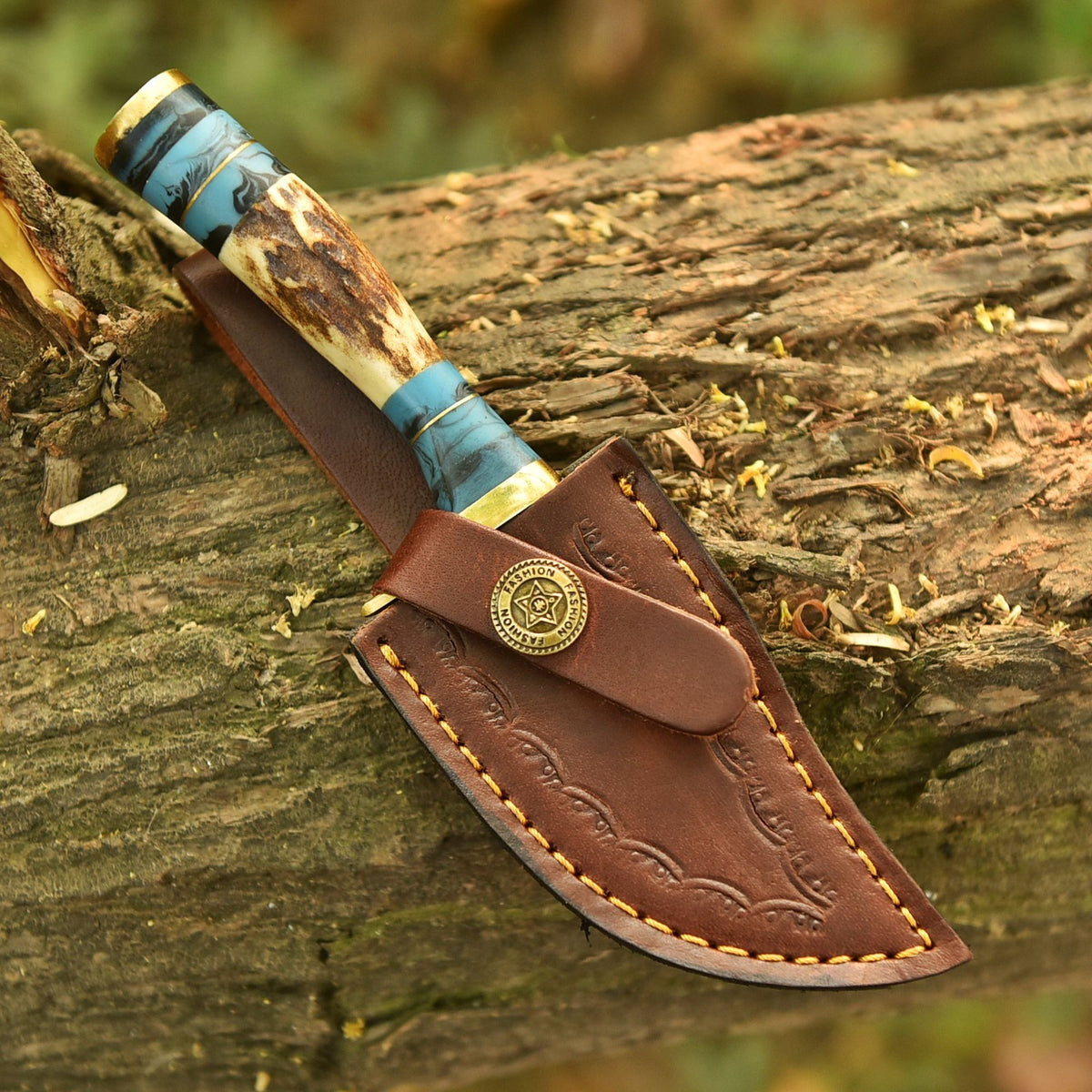 Damascus Blade Skinning Knife Stag Antler Turquoise Handle Brass Guard Sheath - Image 5
