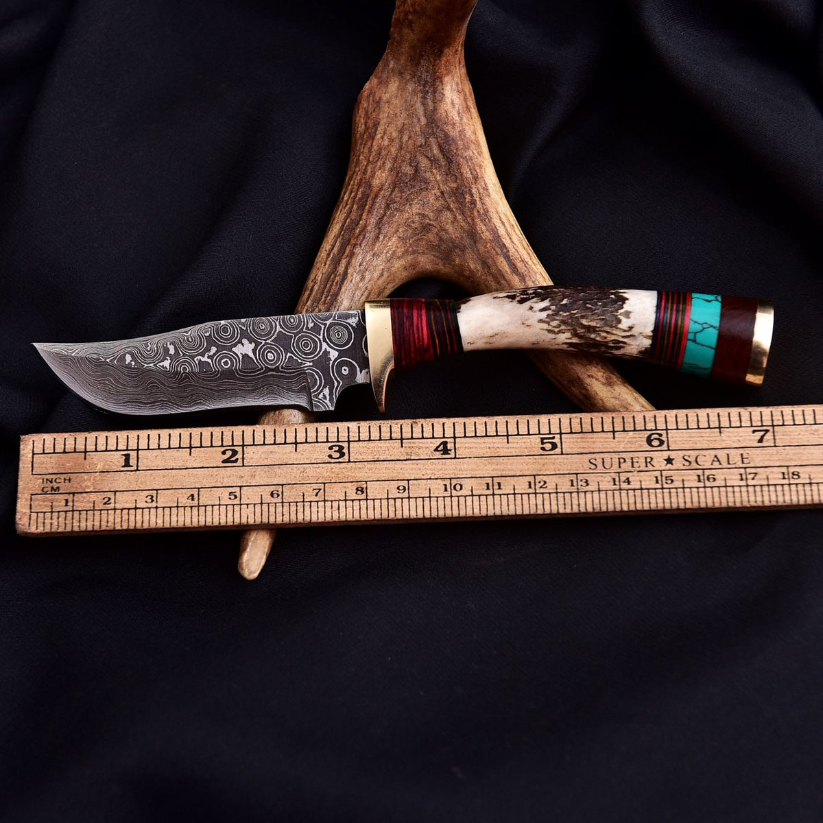 Vintage Damascus Blade Skinner Knife Stag Antler Handle Tactical Outdoor Hunting - Image 4