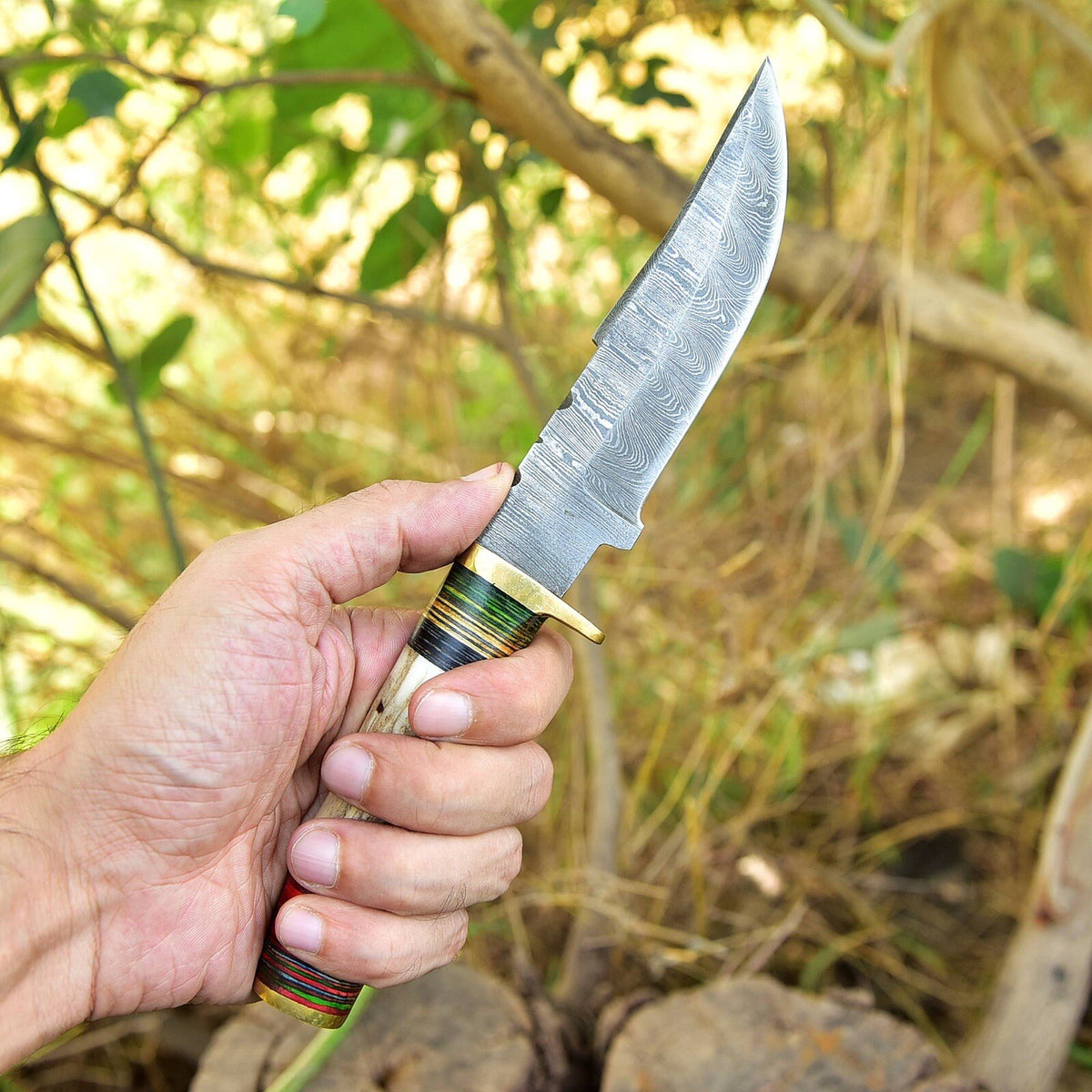 10" Handmade Damascus Skinning Hunting Fix Blade Knife Stag Antler & Brass Guard - Image 4