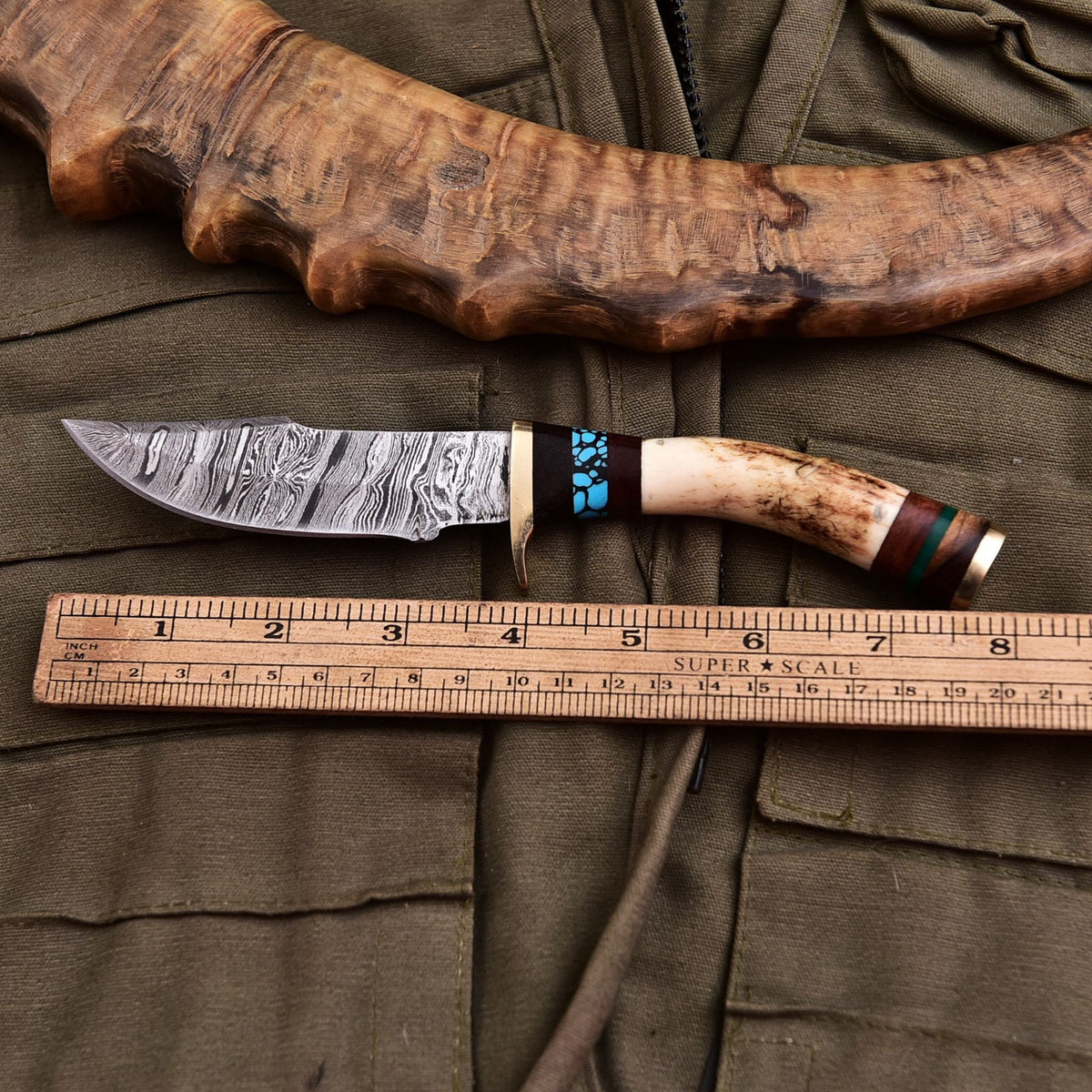 Forged Damascus Blade Skinning Knife Stag Antler Handle Brass Guard With Sheath - Image 4
