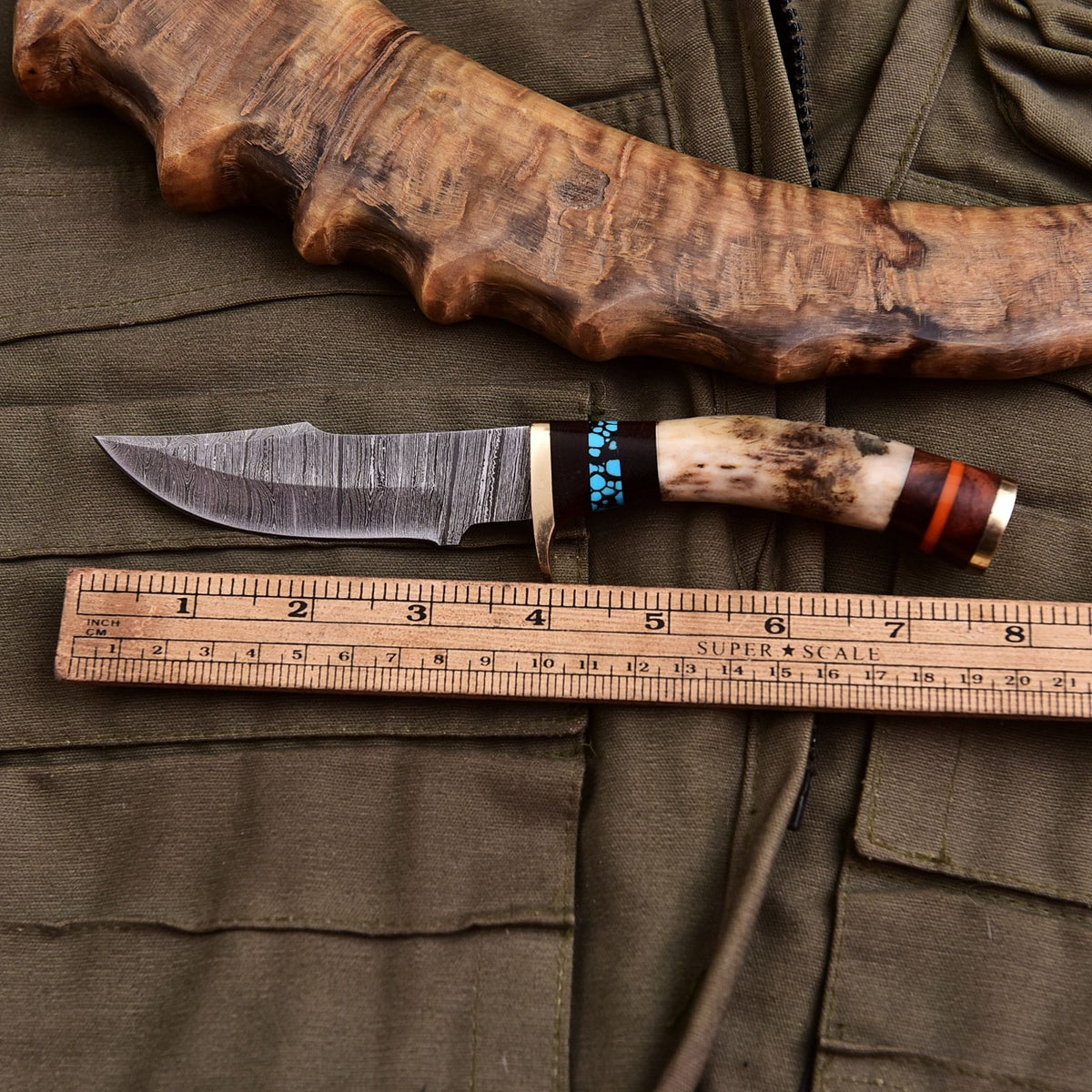 Forged Damascus Blade Skinning Knife Stag Antler Handle Brass Guard With Sheath - Image 4
