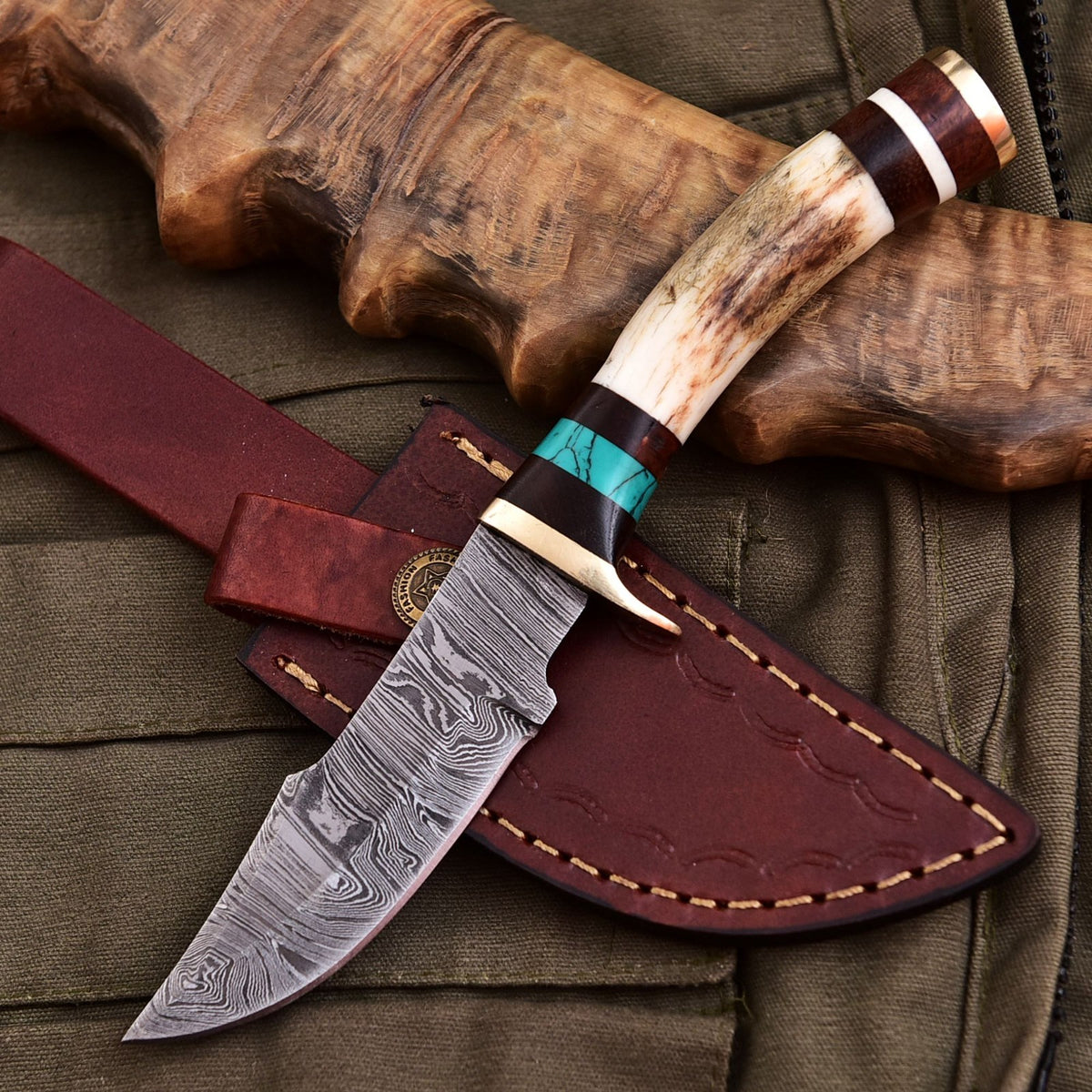 Forged Damascus Blade Skinning Knife Stag Antler Handle Brass Guard With Sheath - Image 3