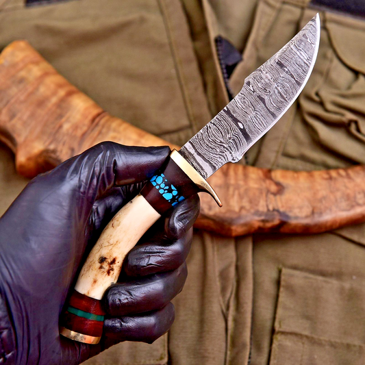 Forged Damascus Blade Skinning Knife Stag Antler Handle Brass Guard With Sheath - Image 1