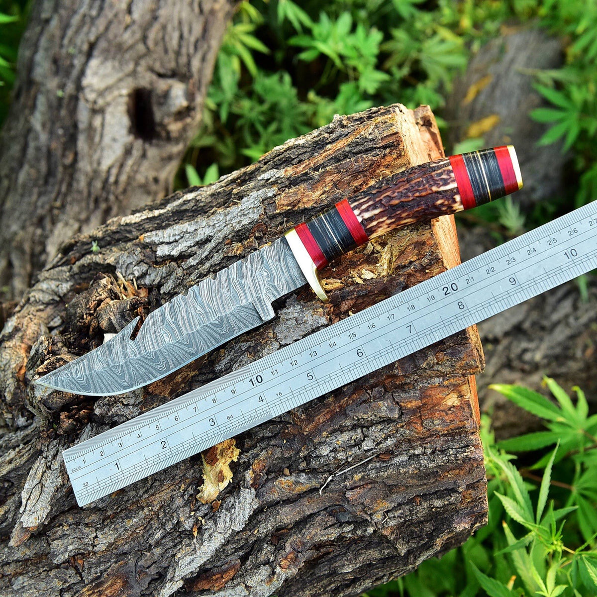 Custom Handmade Damascus Steel Hunting Skinning Knife Deer Stag Handle Guthook - Image 5
