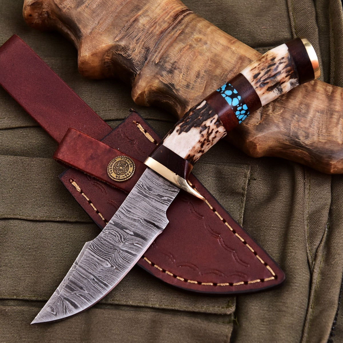 Forged Damascus Blade Skinning Knife Stag Antler Handle Brass Guard With Sheath - Image 2
