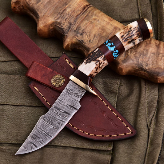 Forged Damascus Blade Skinning Knife Stag Antler Handle Brass Guard With Sheath - Image 2