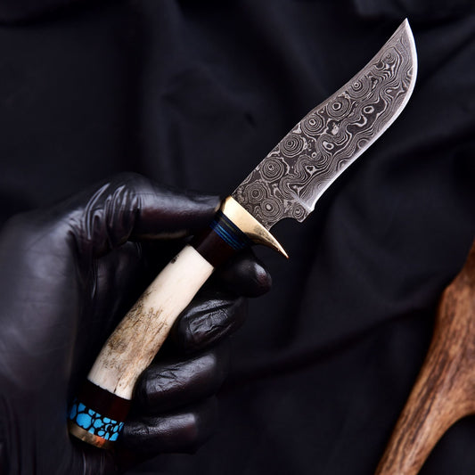 Forged Damascus Blade Skinner Knife Stag Antler Handle Tactical Survival Hunting - Image 1