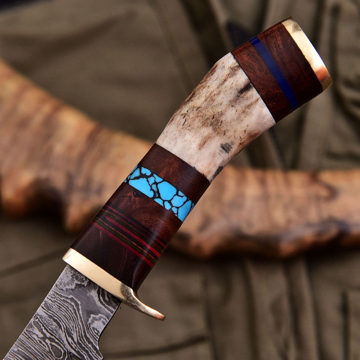 Forged Damascus Blade Skinning Knife Stag Antler Handle Brass Guard With Sheath - Image 3