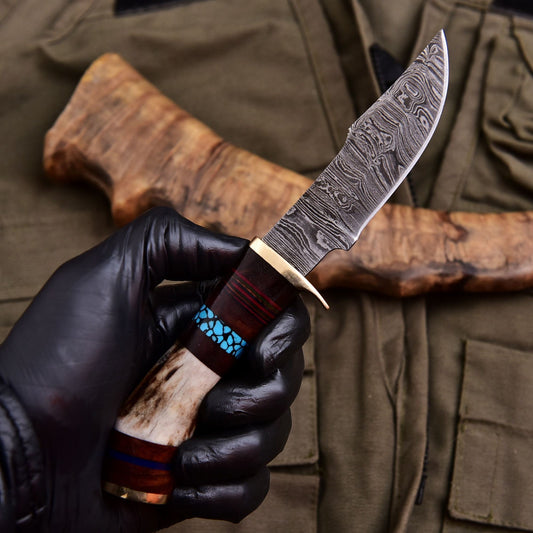 Forged Damascus Blade Skinning Knife Stag Antler Handle Brass Guard With Sheath - Image 2